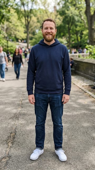 The one photo this example was made from: an AI-generated man in a navy hoodie and jeans